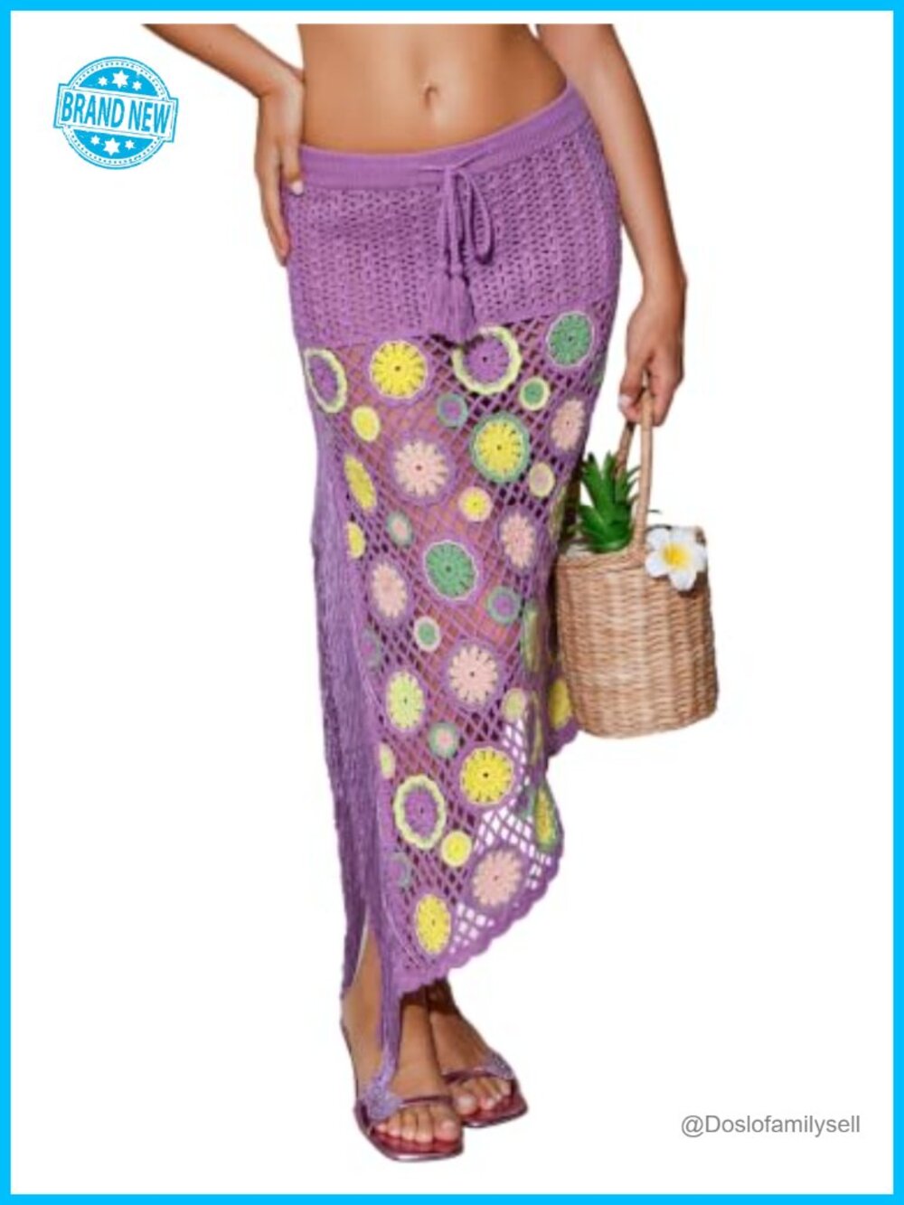 Crochet Beach Cover Up Maxi Skirt Cotton Blend Fringe Boho